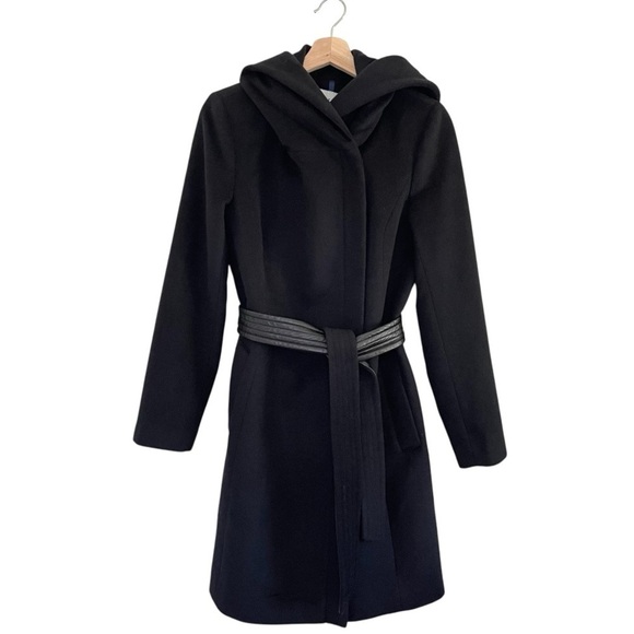Cole Haan Wool Blend Hooded Coat Oversized Collar Removable Belt Black 6 - Picture 6 of 15
